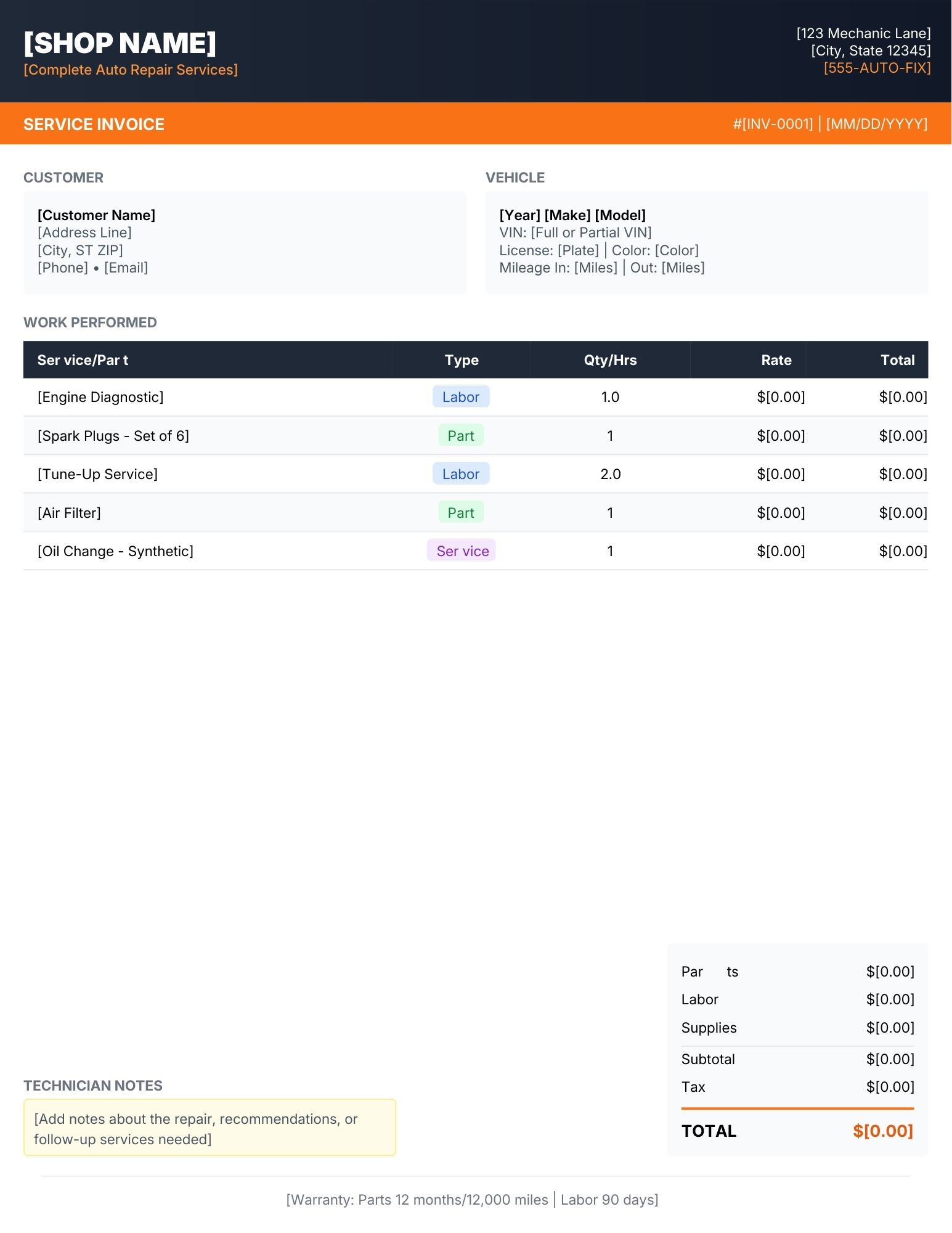 Mechanic invoice template.