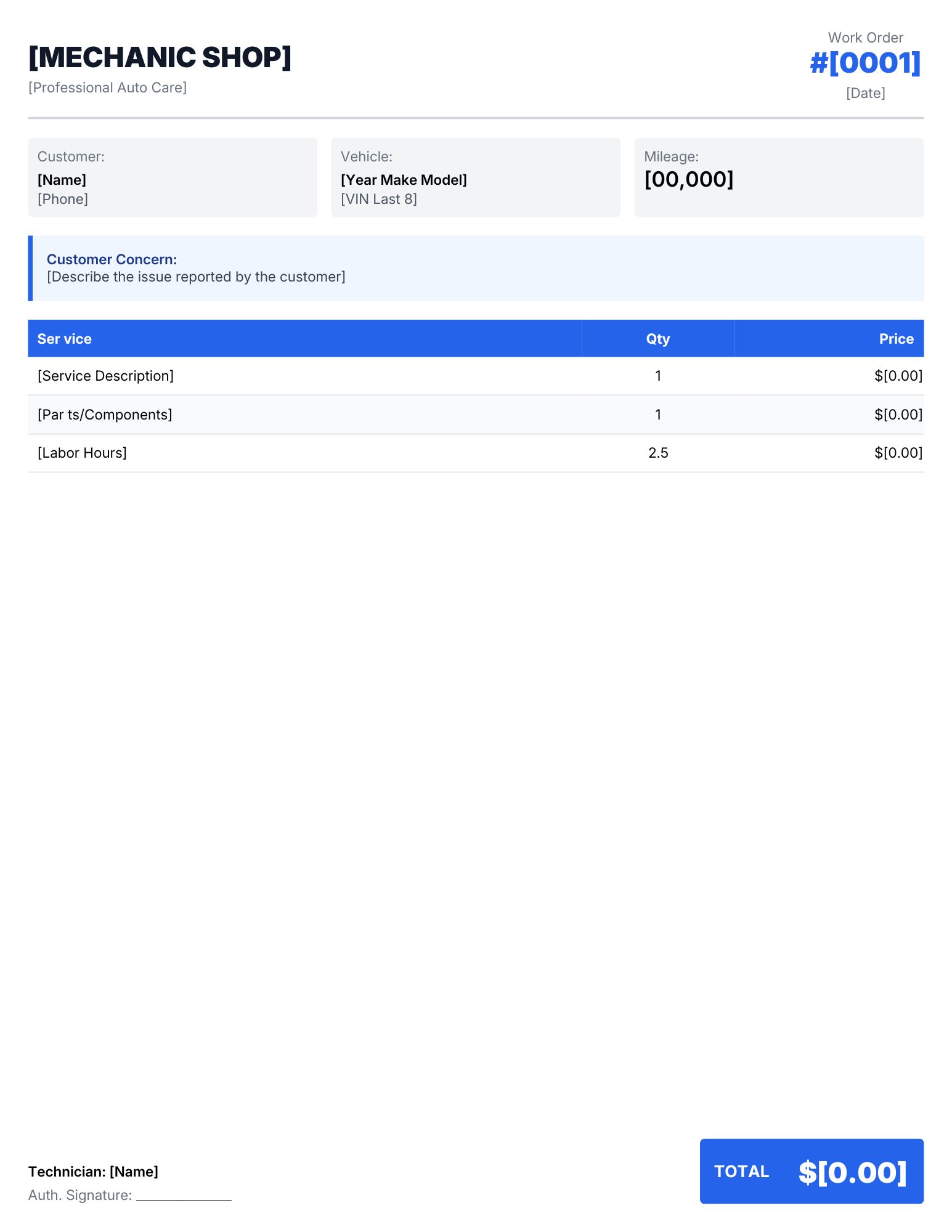 Mechanic invoice template.