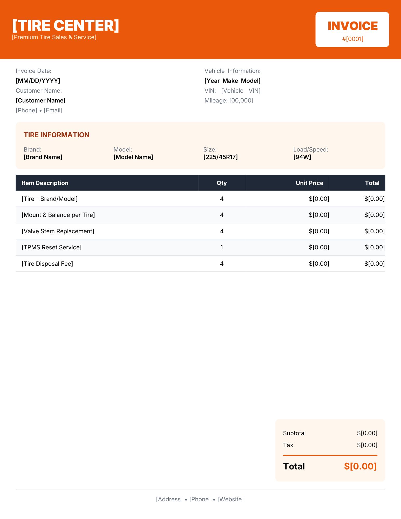 Tire shop invoice template.