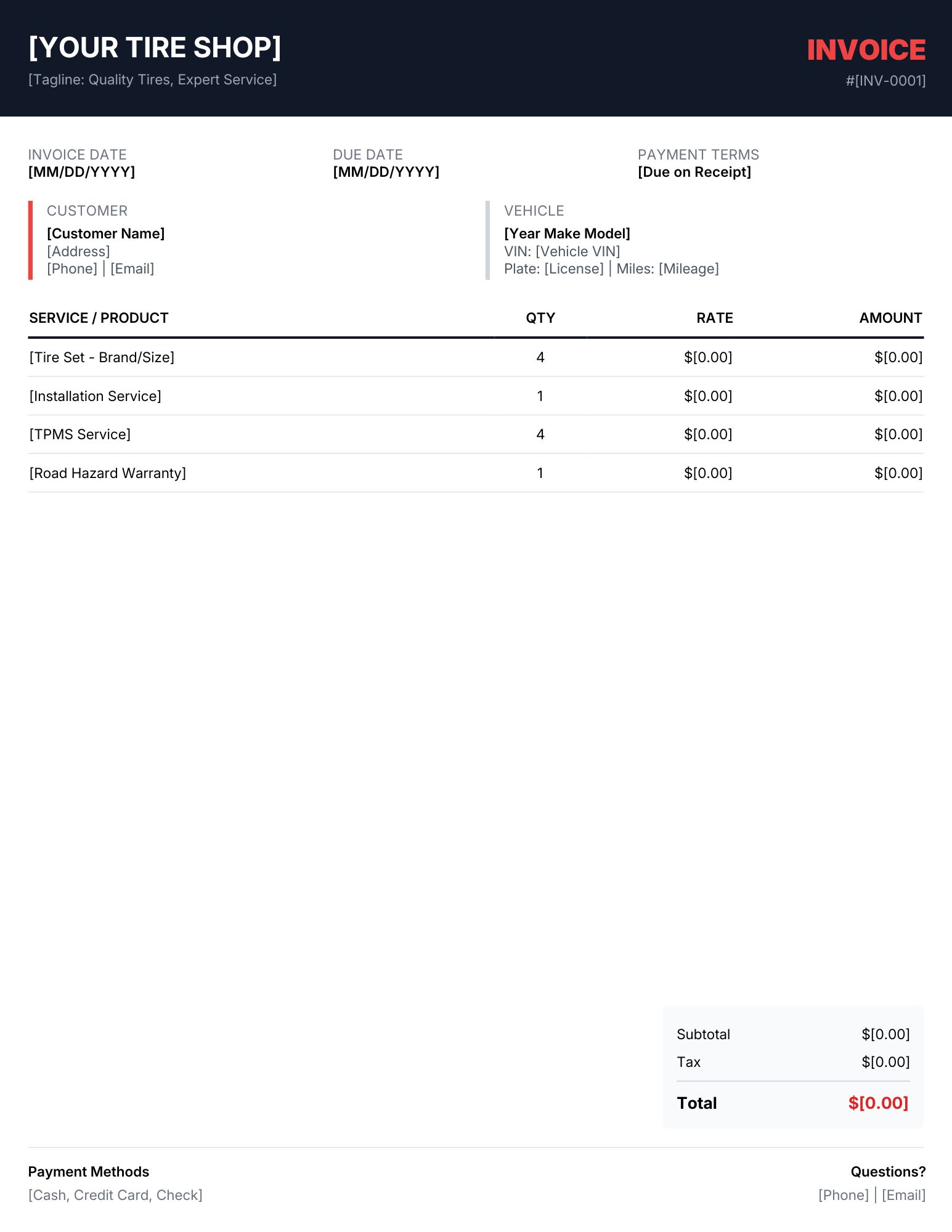 Tire shop invoice example.