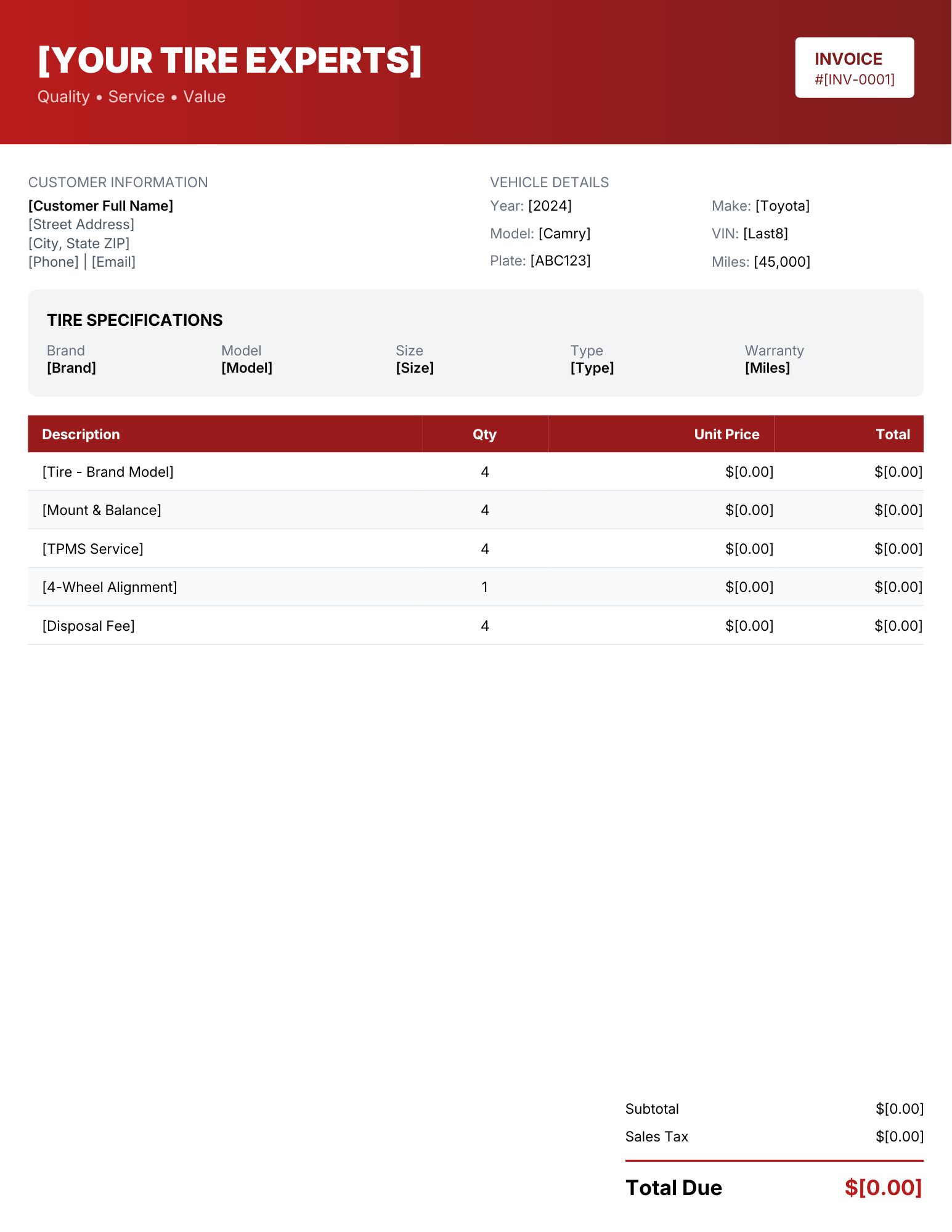 Free tire shop invoice.