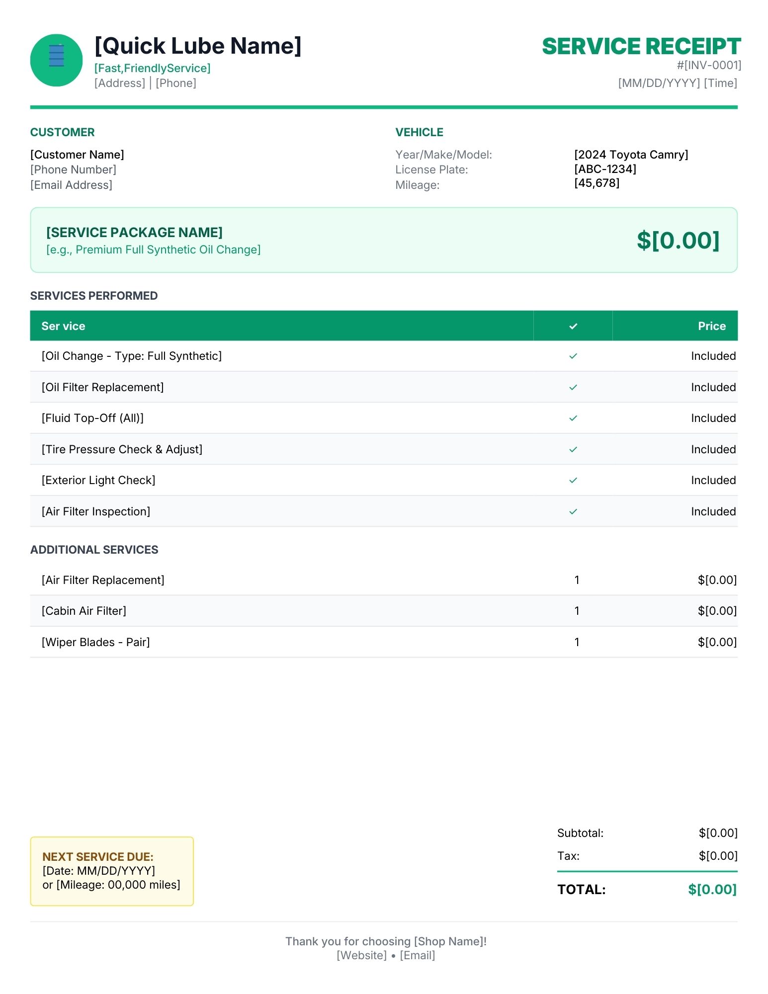Oil change invoice template.