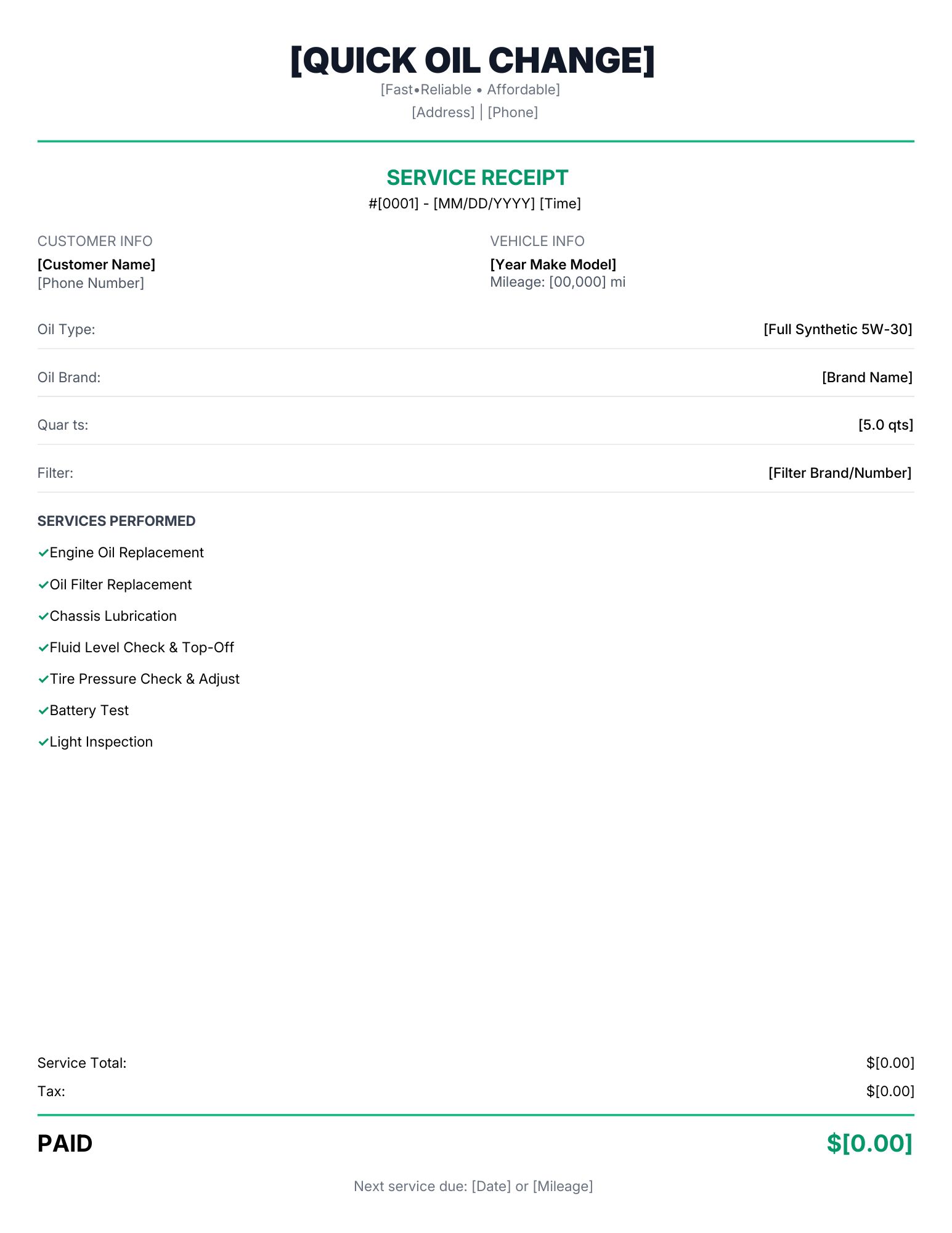 Oil change invoice example.