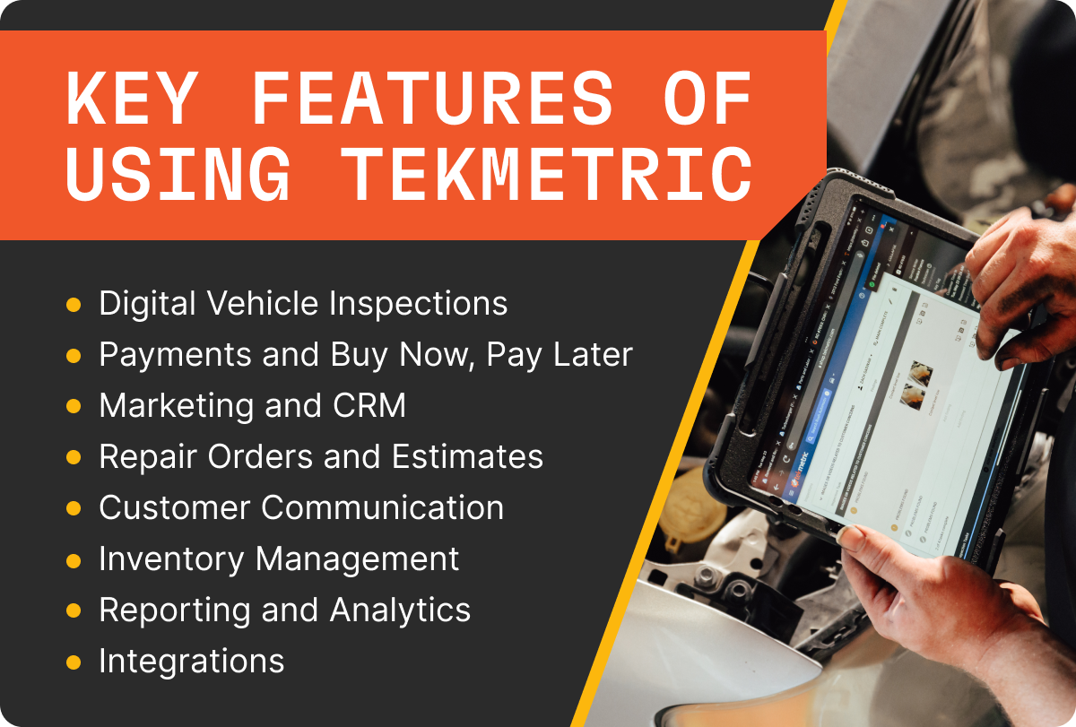Overview of Tekmetric key features.
