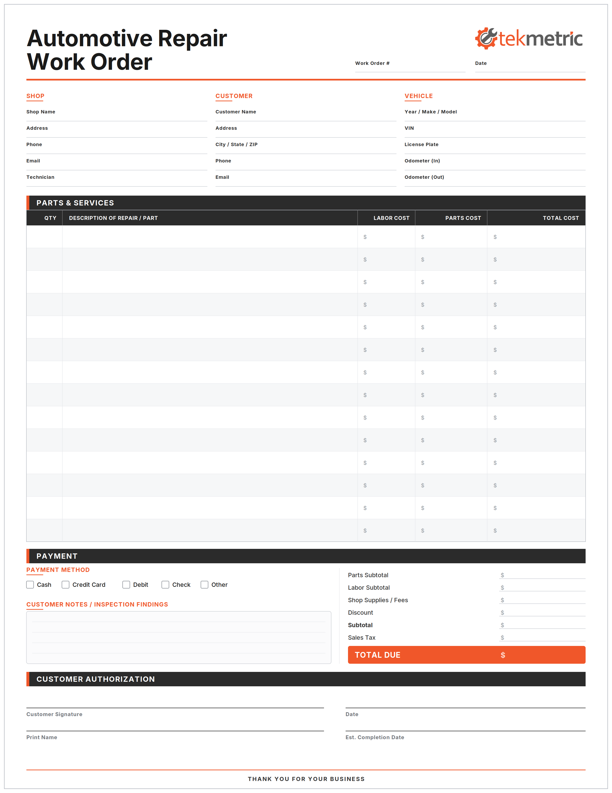 Blank automotive repair work order form with sections for shop, customer, vehicle, parts, payment, and authorization.